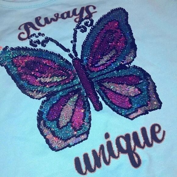 Beautees Baby Blue Always Unique Butterfly Sequin Crewneck Sweatshirt Size Large - Picture 2 of 5